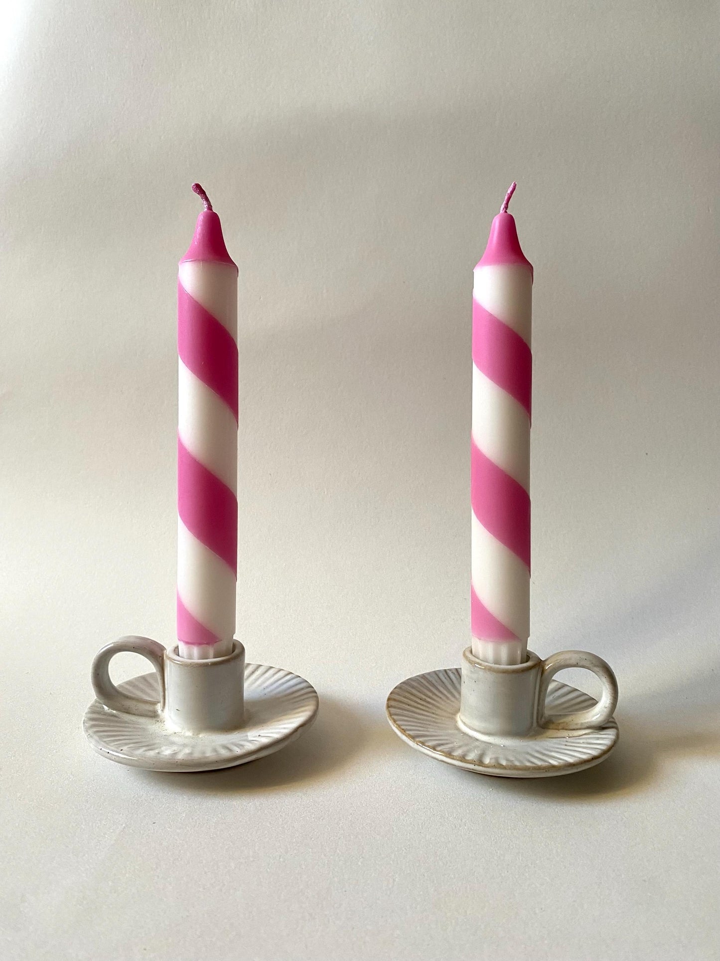 Pink Stripe Dinner Candles: Hand Dipped Vegan Candles - Set of 2