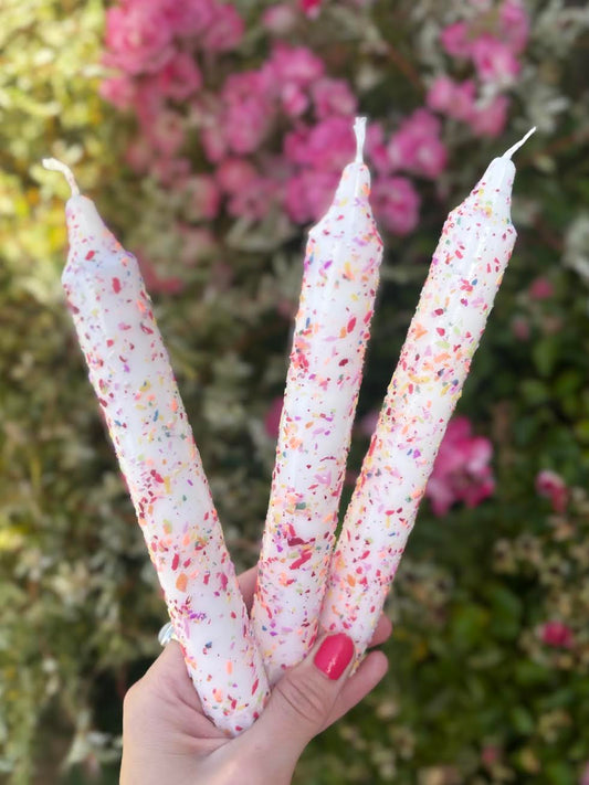 Pair of colourful Confetti hundreds and thousands candles