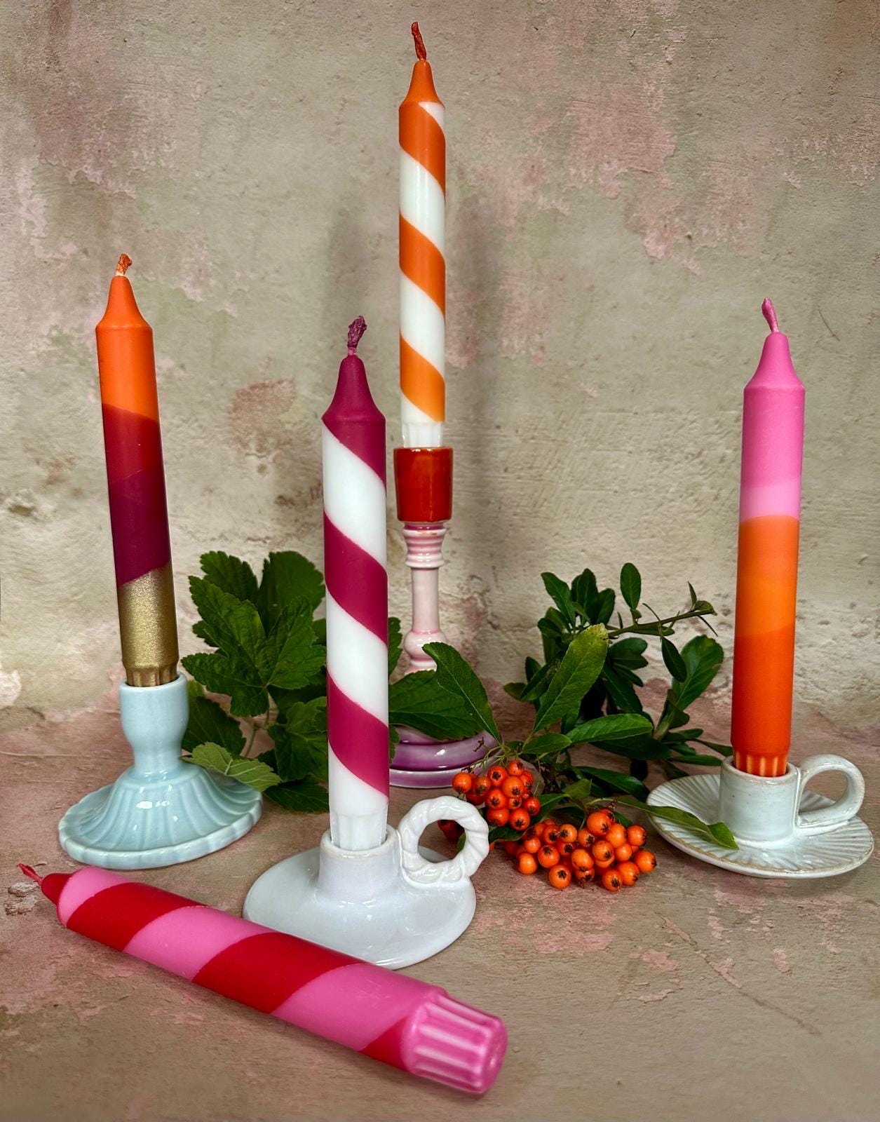 Orange Marmalade candy cane Dinner Candles: Hand Dipped Vegan Decor - Set of 2
