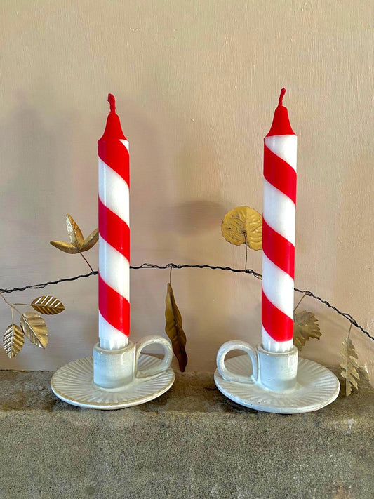 Red & White candy cane stripe Dinner Candles - Hand Dipped Vegan Set of 2