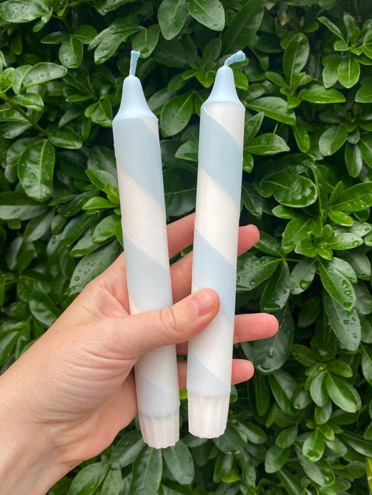 Pastel Blue Spiral Dinner Candles: Hand Dipped Vegan Decor - Set of 2