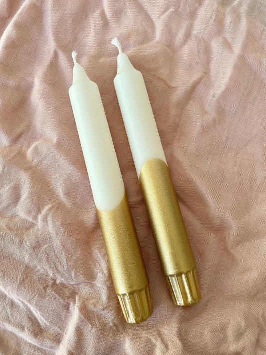 Hand Dipped Dinner Candles: Cream & Gold Vegan Table Decor (Set of 2)