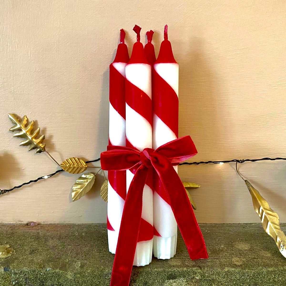 Red & White candy cane stripe Dinner Candles - Hand Dipped Vegan Set of 2