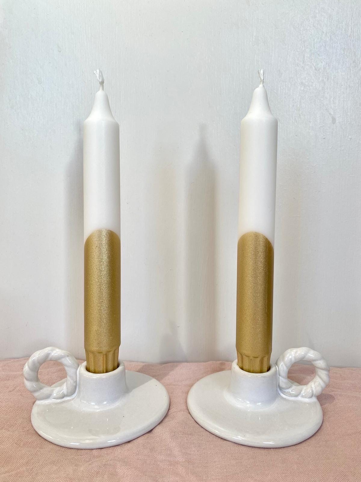 Hand Dipped Dinner Candles: Cream & Gold Vegan Table Decor (Set of 2)