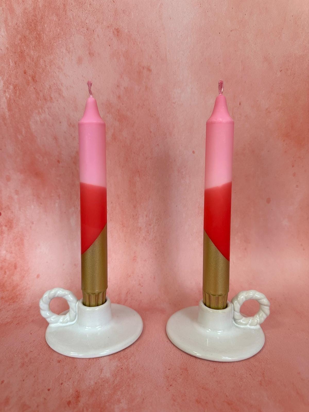 Hand Dipped Dinner Candles: Pink, red and Gold  - Set of 2