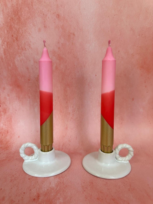 Hand Dipped Dinner Candles: Pink, red and Gold  - Set of 2