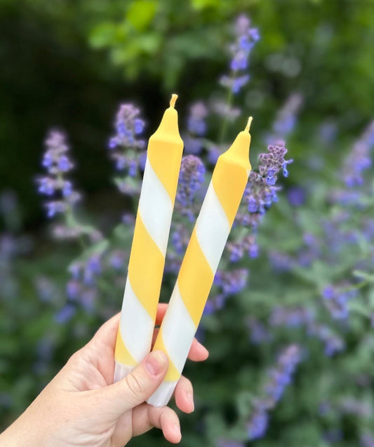 Butter Yellow Spiral Dinner Candles: Hand Dipped Vegan Decor - Set of 2