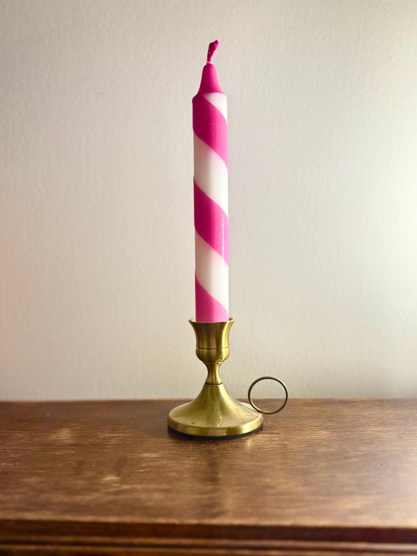 Pink Stripe Dinner Candles: Hand Dipped Vegan Candles - Set of 2