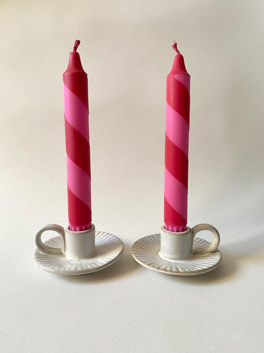 Hand Dipped Dinner Candles: Red and Pink candy cane stripe Vegan Candles - Set of 2 valentines