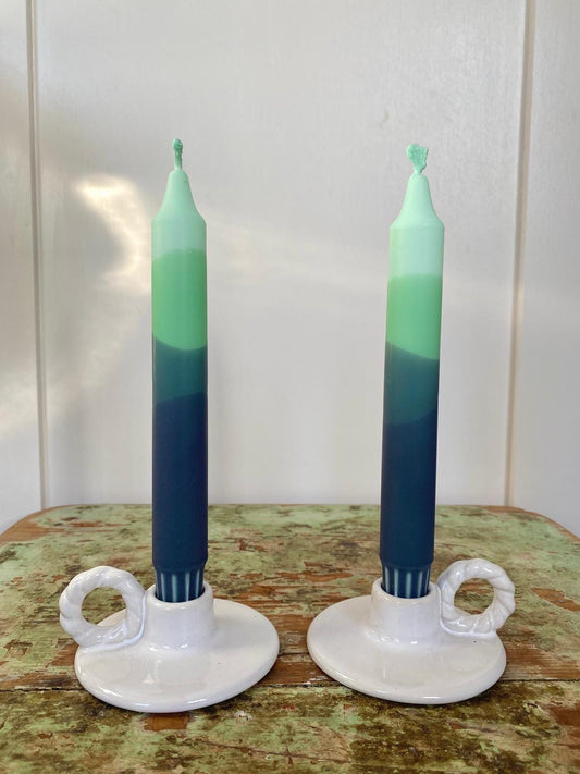 Ombré Dinner Candles: Green and Blue Hand Dipped Vegan Candles (Set of 2)