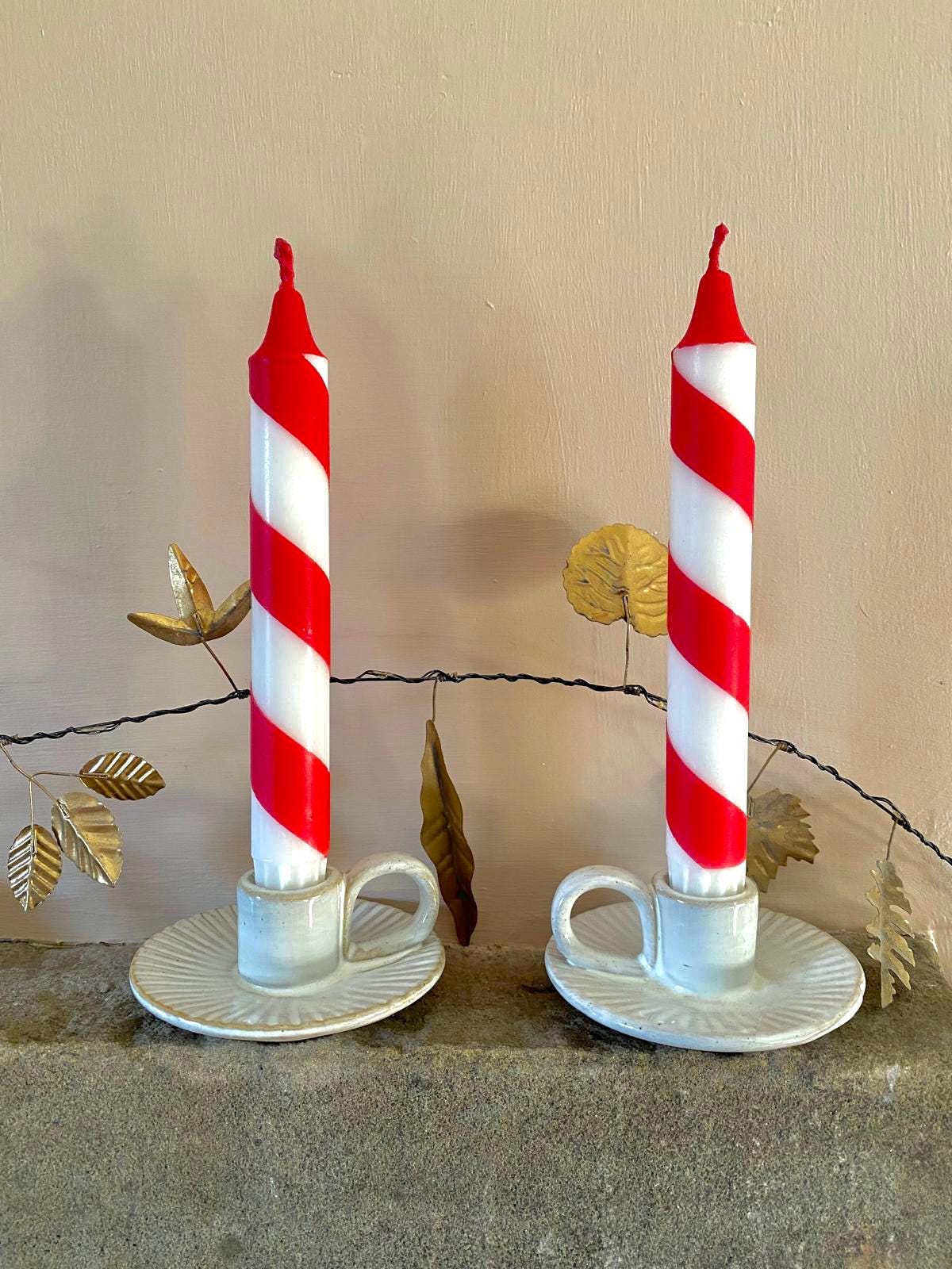 Red & White candy cane stripe Dinner Candles - Hand Dipped Vegan Set of 2