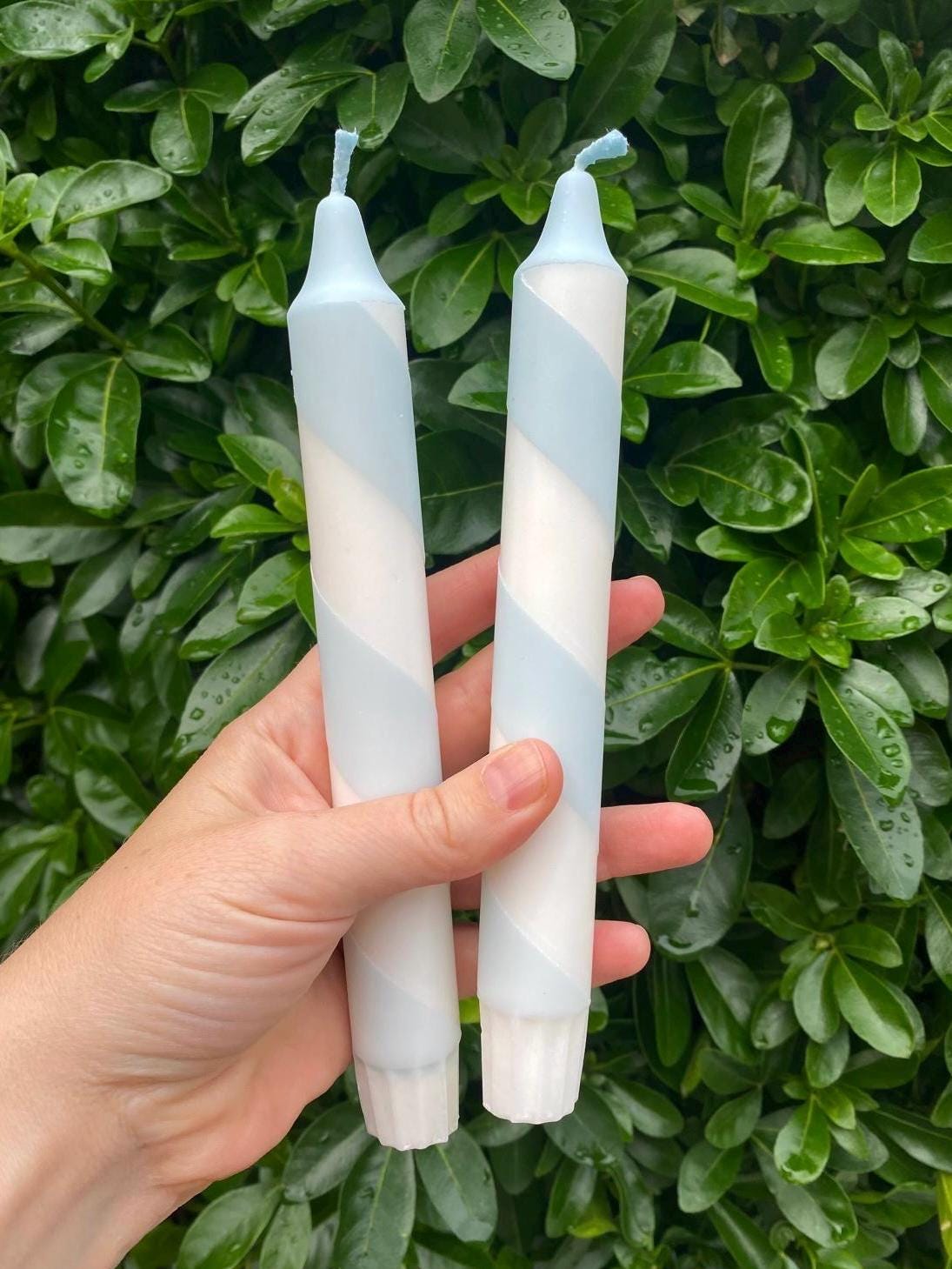 Pastel Blue Spiral Dinner Candles: Hand Dipped Vegan Decor - Set of 2