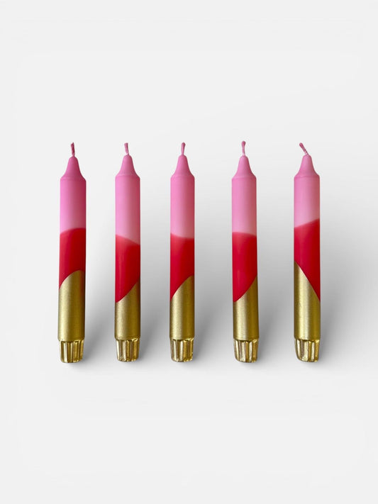 Hand Dipped Dinner Candles: Pink, red and Gold  - Set of 2