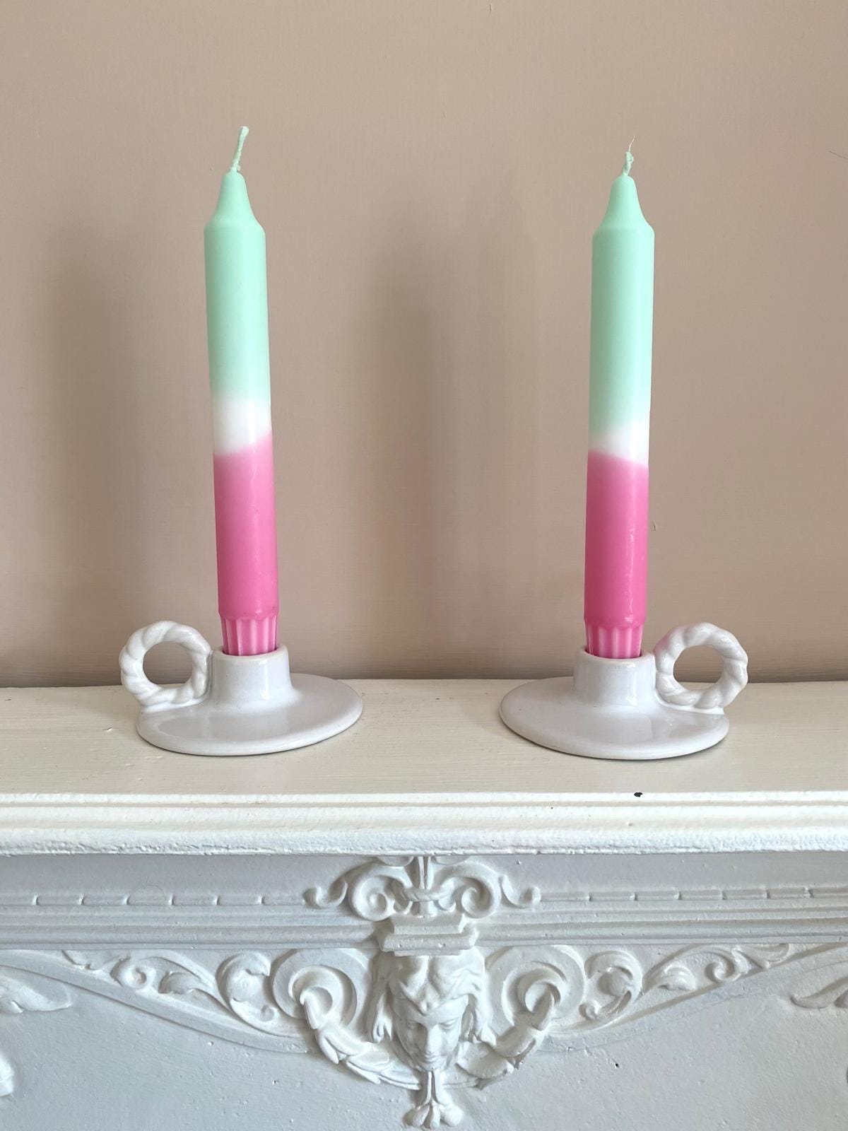 Hand Dipped Dinner Candles: Watermelon Pastel Green and Pink - Set of 2