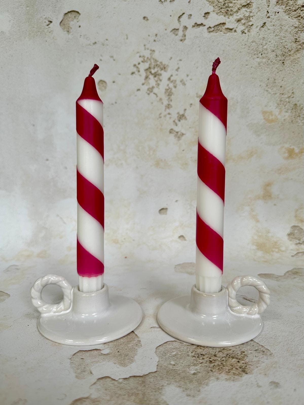 Burgundy candy cane stripe Dinner Candles: Hand Dipped Vegan Decor (Set Of 2)