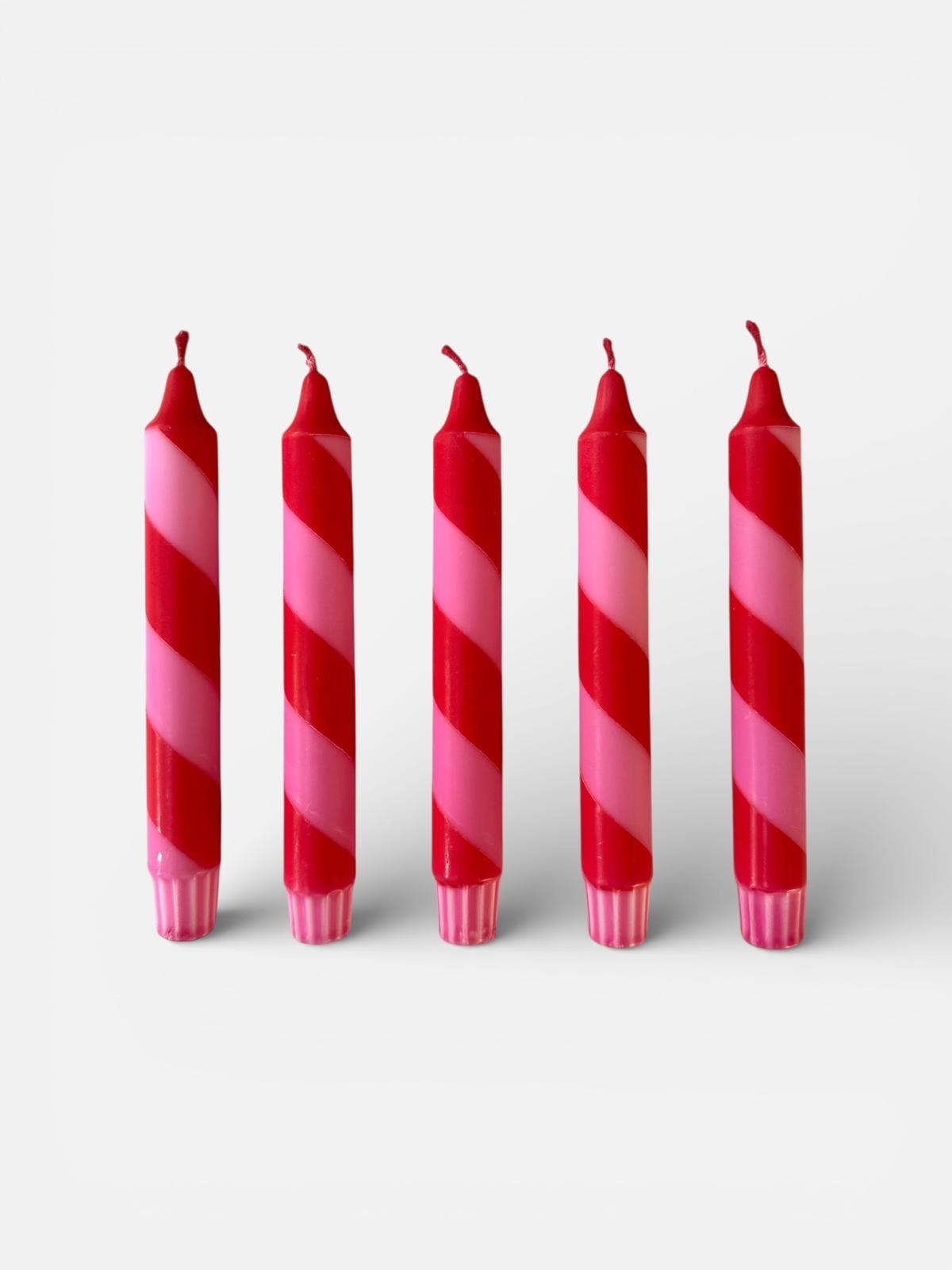 Hand Dipped Dinner Candles: Red and Pink candy cane stripe Vegan Candles - Set of 2 valentines