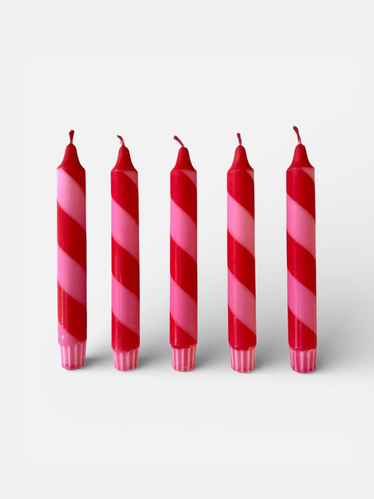 Hand Dipped Dinner Candles: Red and Pink candy cane stripe Vegan Candles - Set of 2 valentines