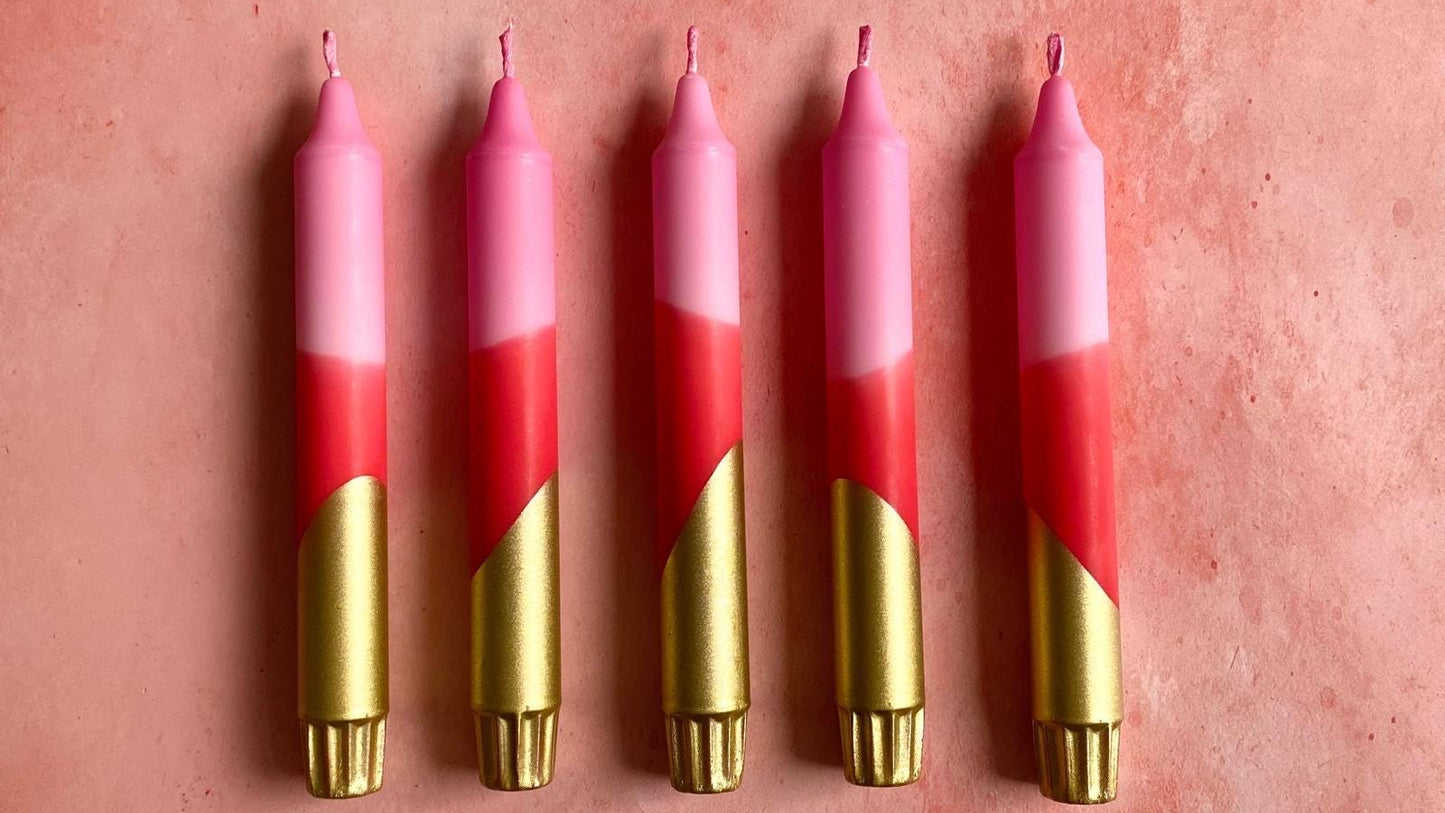 Hand Dipped Dinner Candles: Pink, red and Gold  - Set of 2