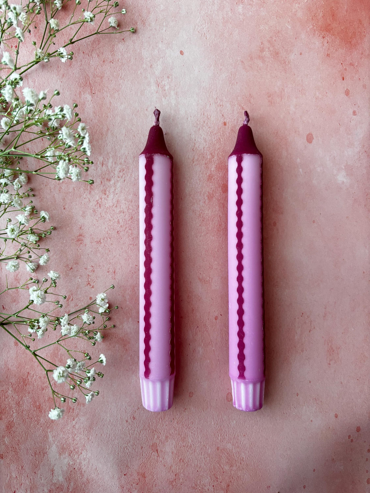 2 Pink and Burgundy Scalloped Stripe Dinner Candles: Hand Dipped Vegan colourful Decor