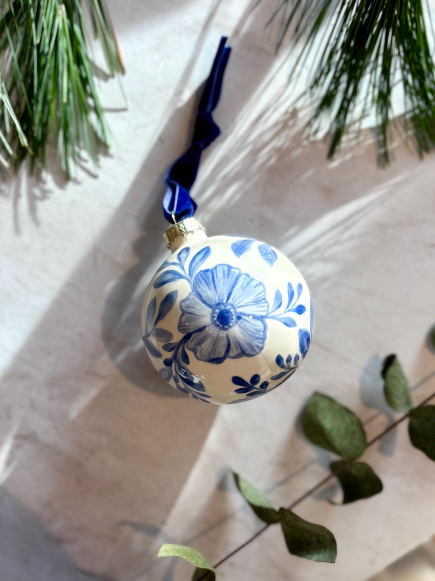 Handmade Ceramic Bauble - Hand painted blue floral botanical design (large)