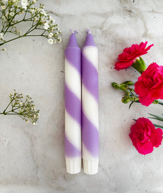 Lilac Purple Spiral Dinner Candles: Hand Dipped Vegan Decor (Set Of 2)