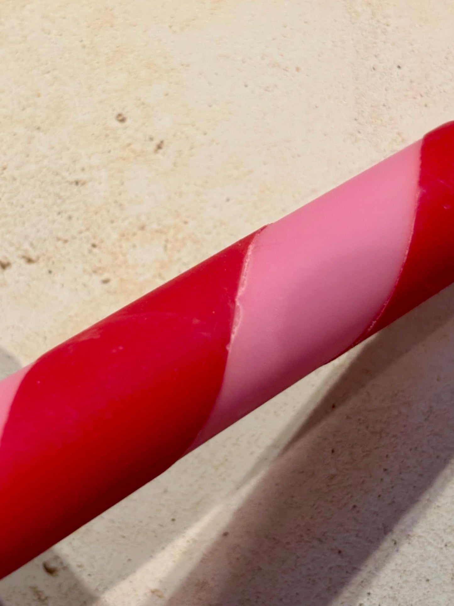 Perfectly imperfect 4 red and pink spiral stripe hand dipped colourful candles