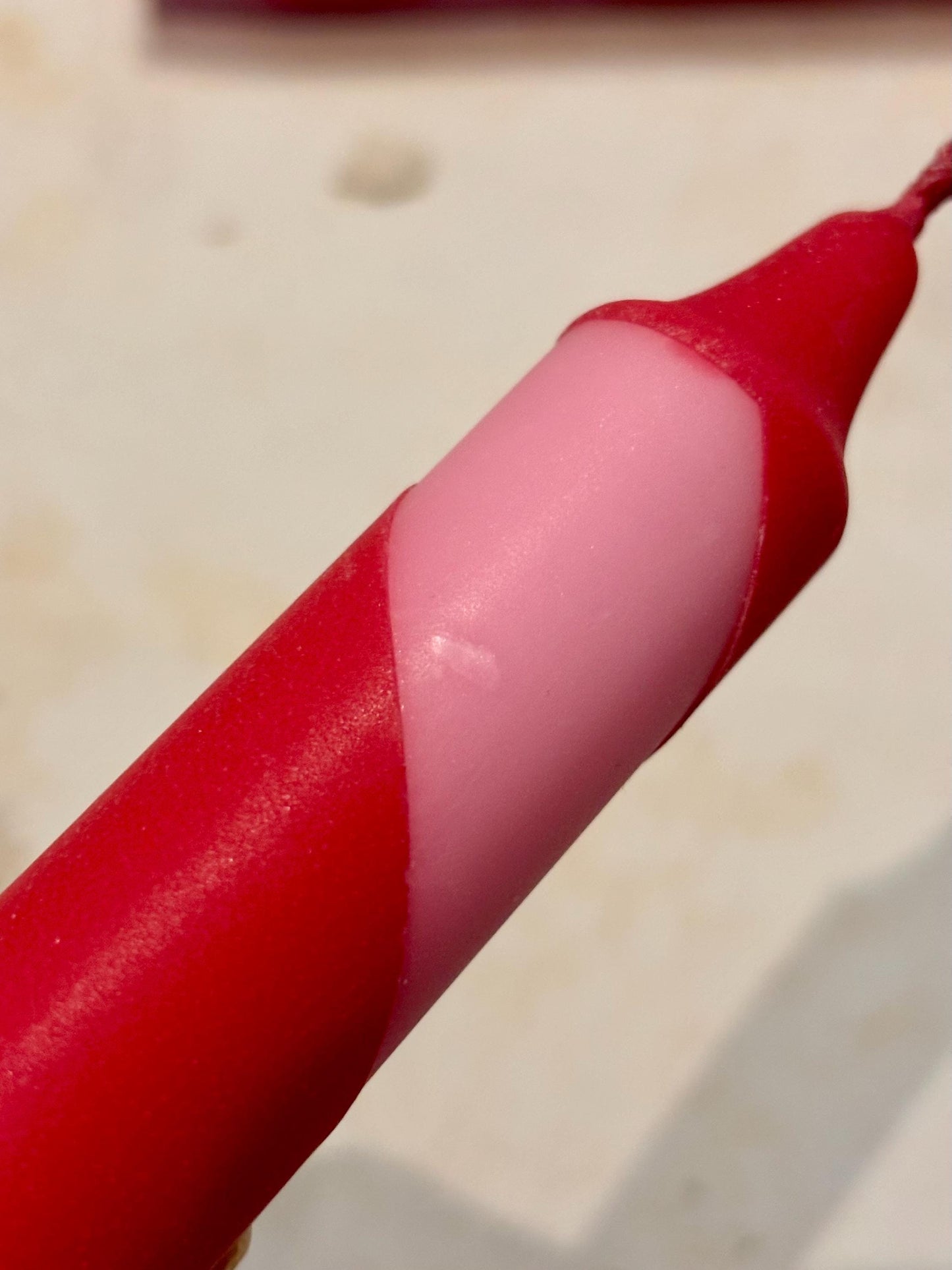 Perfectly imperfect 4 red and pink spiral stripe hand dipped colourful candles
