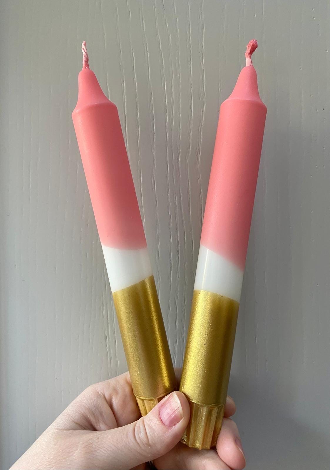 Peachy Pink & Gold Hand Dipped Dinner Candles - Vegan Set of 2