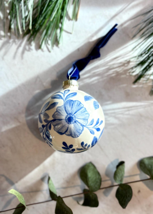 Handmade Ceramic Bauble - Hand painted blue floral botanical design (large)