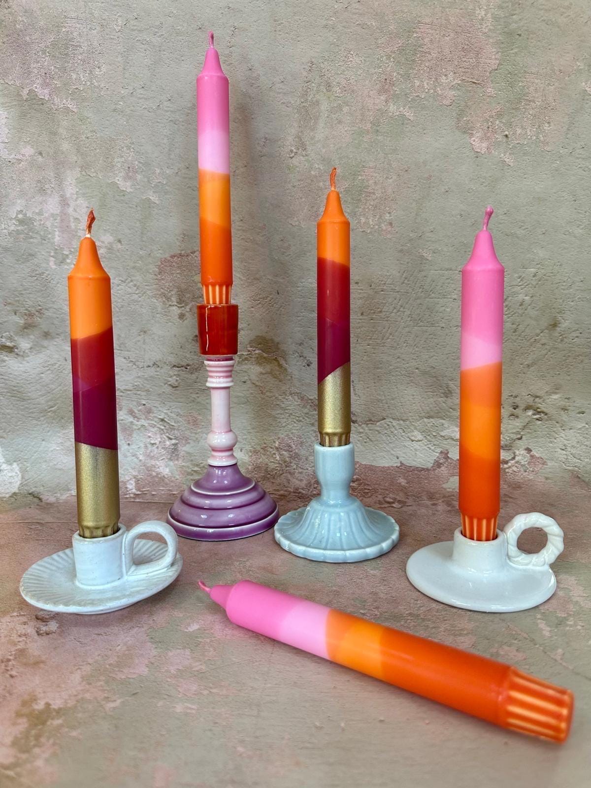 Dip Dyed Dinner Candles: Autumn Spice, Burgundy, orange & Gold - Vegan Set of 2