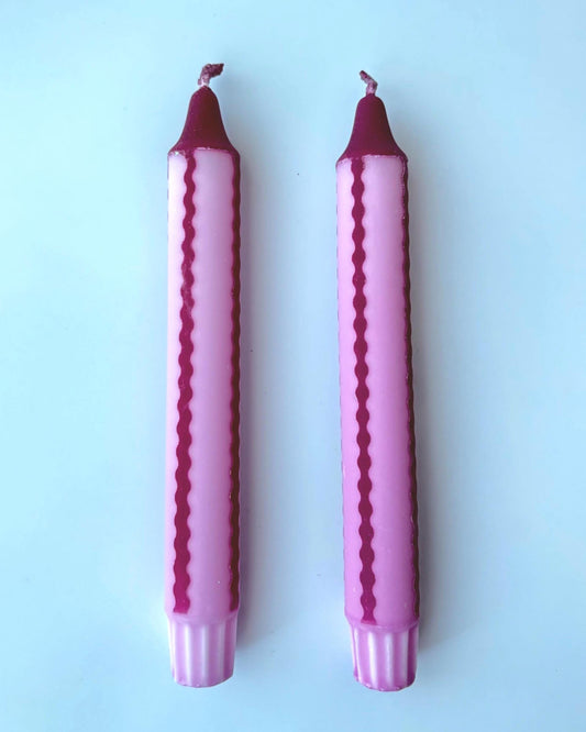 2 Pink and Burgundy Scalloped Stripe Dinner Candles: Hand Dipped Vegan colourful Decor