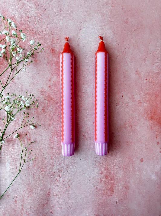 2 Neon pink and orange Scalloped Stripe Dinner Candles: Hand Dipped Vegan colourful Decor