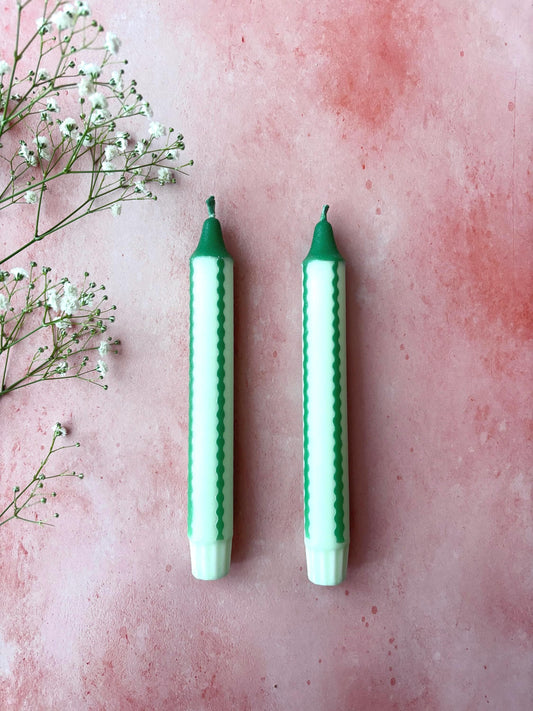 2 Scalloped Stripe Green Dinner Candles: Hand Dipped Vegan colourful Decor