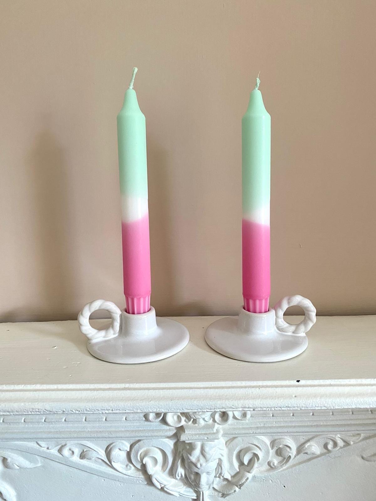 Hand Dipped Dinner Candles: Watermelon Pastel Green and Pink - Set of 2