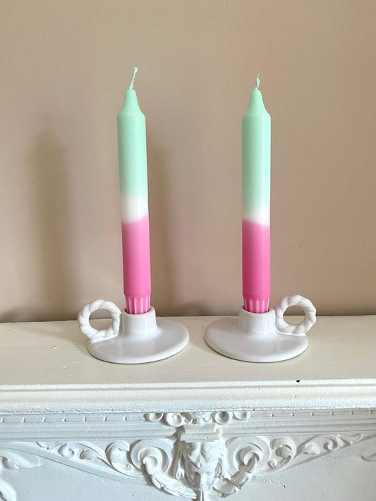 Hand Dipped Dinner Candles: Watermelon Pastel Green and Pink - Set of 2