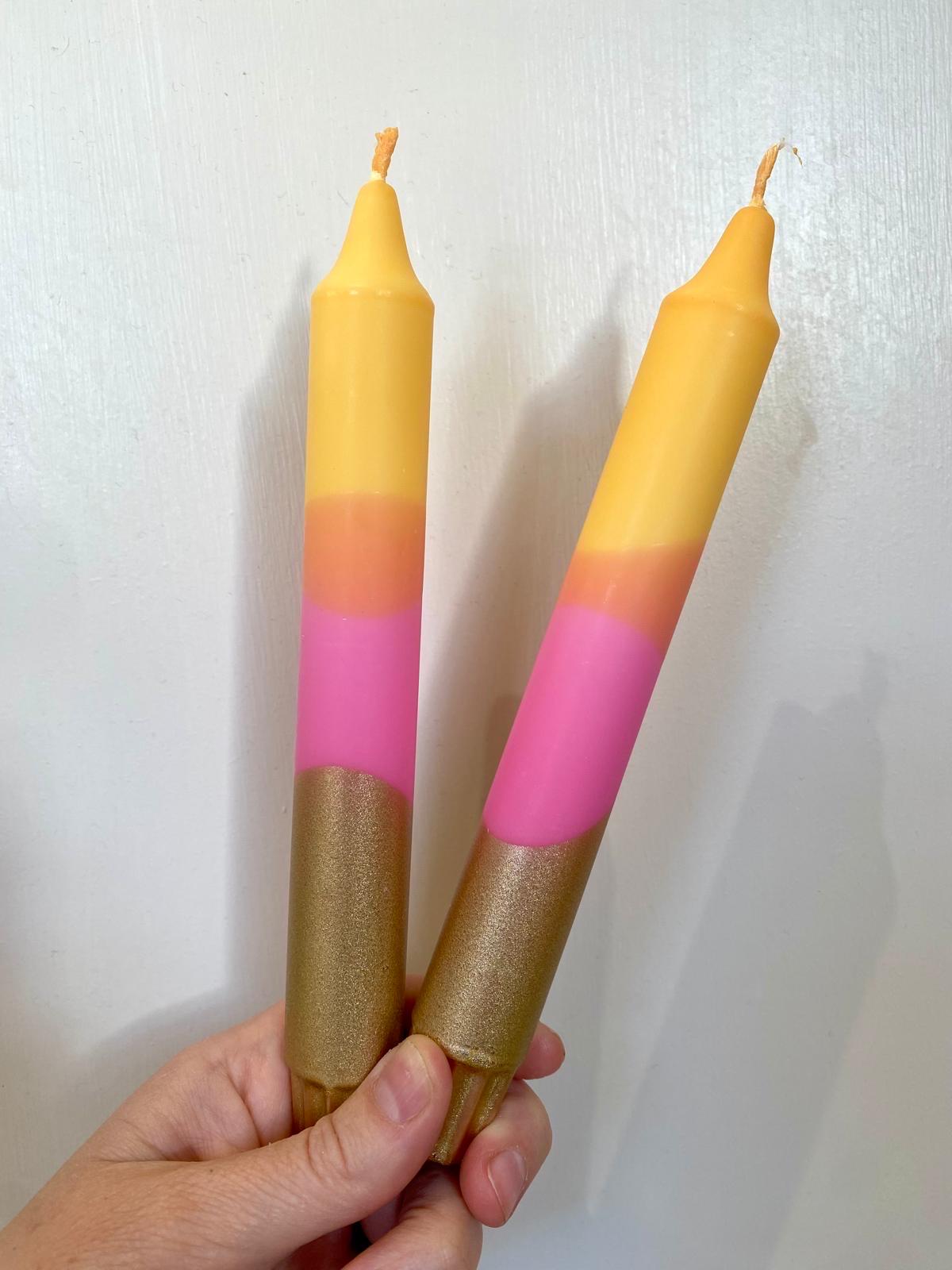 Dip Dyed Dinner Candles - Pink, Orange, Yellow - Vegan Stearin Wax