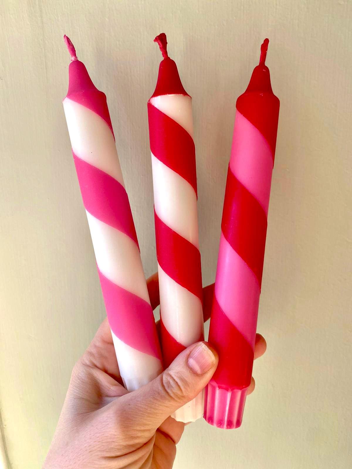 Perfectly imperfect 4 red and pink spiral stripe hand dipped colourful candles