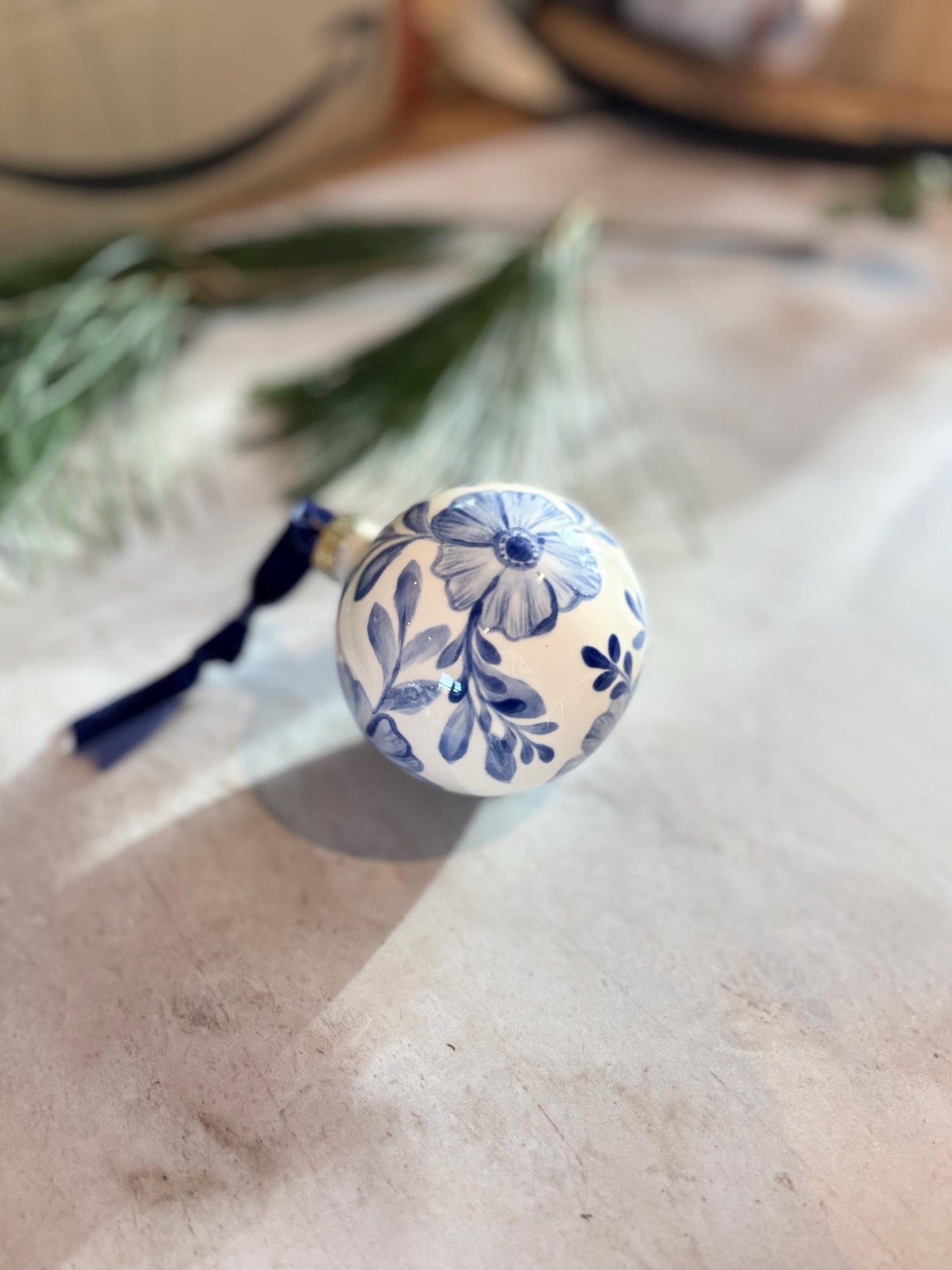 Handmade Ceramic Bauble - Hand painted blue floral botanical design (large)