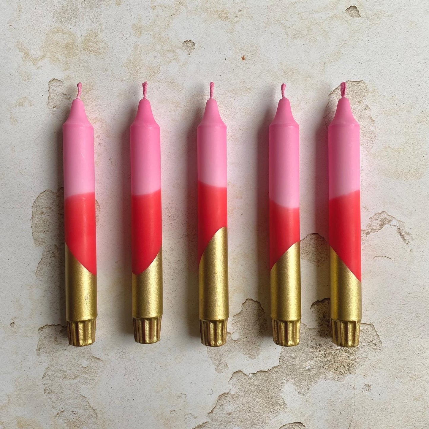 Hand Dipped Dinner Candles: Pink, red and Gold  - Set of 2