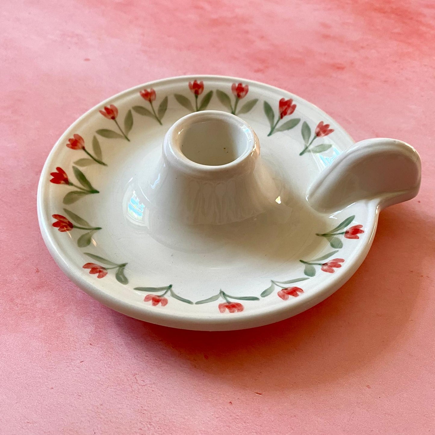 Handmade Ceramic Candle holder - Hand painted red tulips