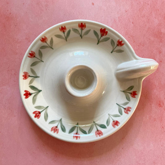 Handmade Ceramic Candle holder - Hand painted red tulips